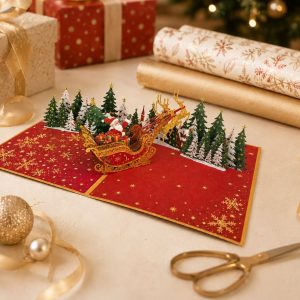 3D Pop Up Christmas Card Santa Sleigh Reindeer Xmas Trees with Envelope D28& Insert