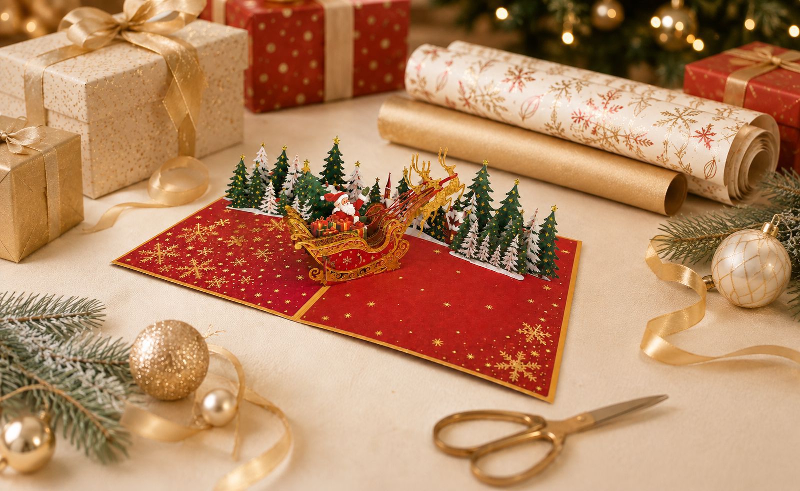 3D Pop Up Christmas Card Santa Sleigh Reindeer Xmas Trees with Envelope D28& Insert