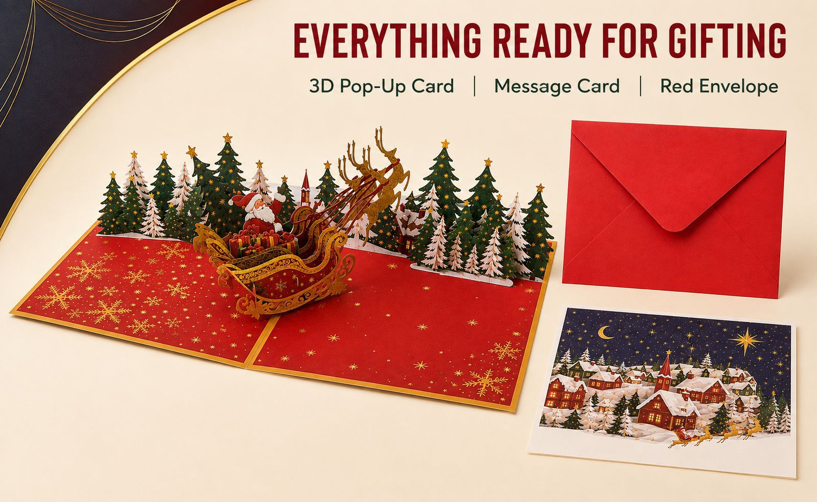 3D Pop Up Christmas Card Santa Sleigh Reindeer Xmas Trees with Envelope D28& Insert - Image 5