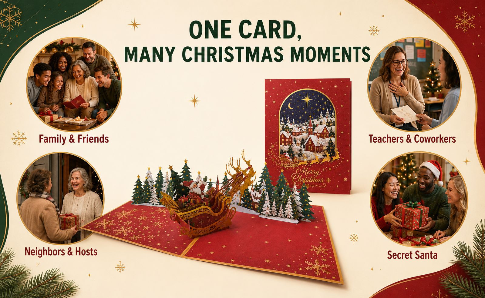 3D Pop Up Christmas Card Santa Sleigh Reindeer Xmas Trees with Envelope D28& Insert - Image 6
