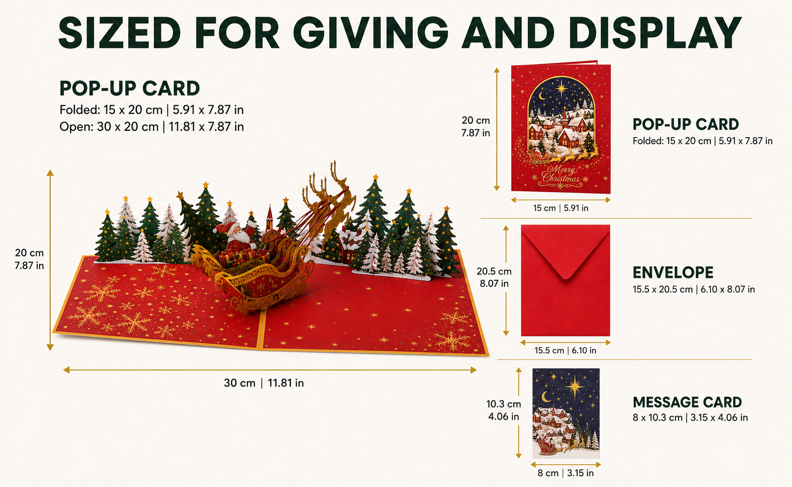 3D Pop Up Christmas Card Santa Sleigh Reindeer Xmas Trees with Envelope D28& Insert - Image 7
